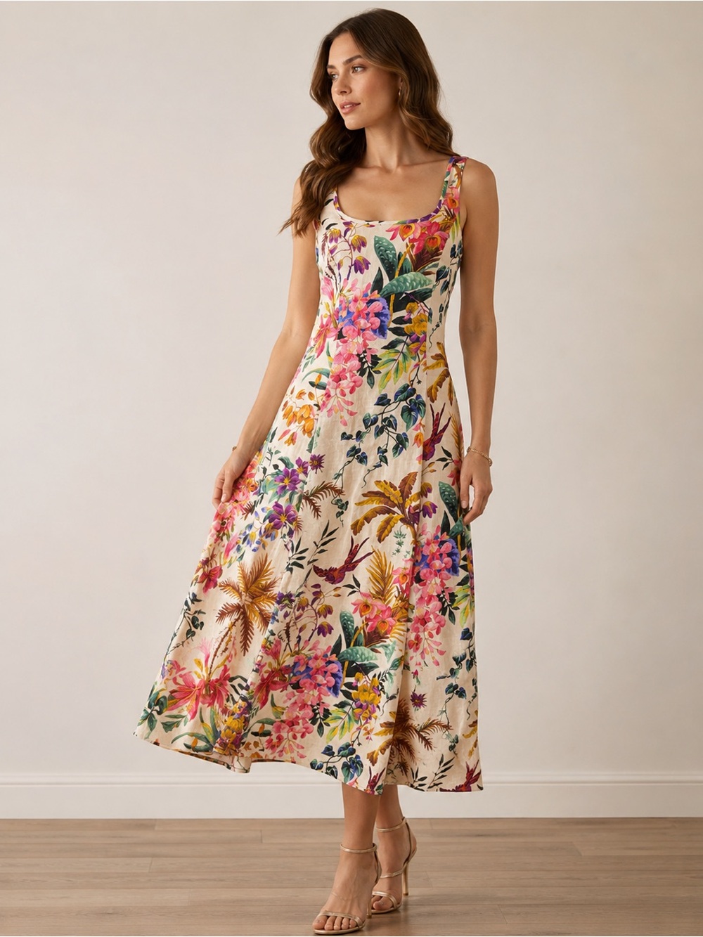 Zimmermann Tropicana NWT Cut Out Midi Dress Cream Floral Linen Size 1 US 6